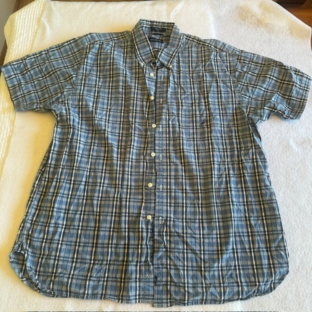 Nautica Plaid Button Down Shirt Mens Short Sleeve Blue XL Cotton Preppy Classic